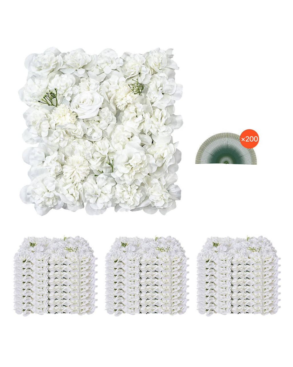 White artificial flower wall panel with dense 3D blooms, green stems, and mesh backing
