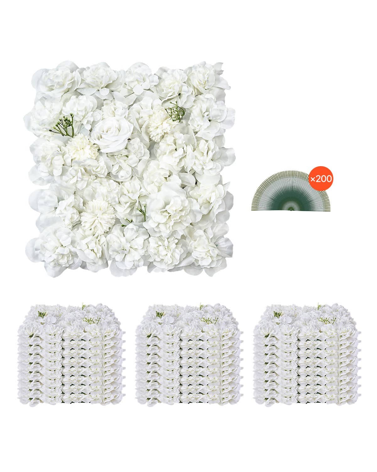 White artificial flower wall panel with dense 3D blooms, green stems, and mesh backing