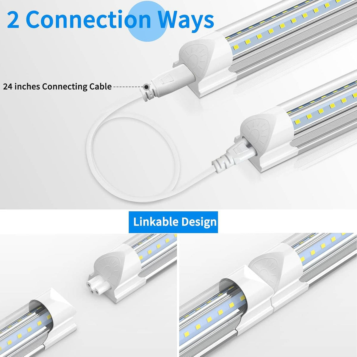 Linkable LED shop light fixture with two end sockets and connecting cable