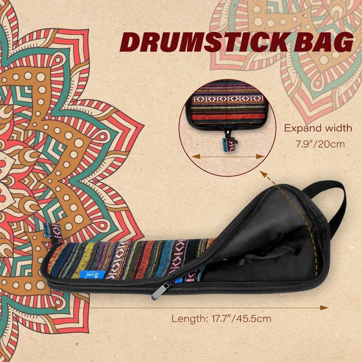 Drum stick bag with colorful woven strap and black end pocket cover, long shape.