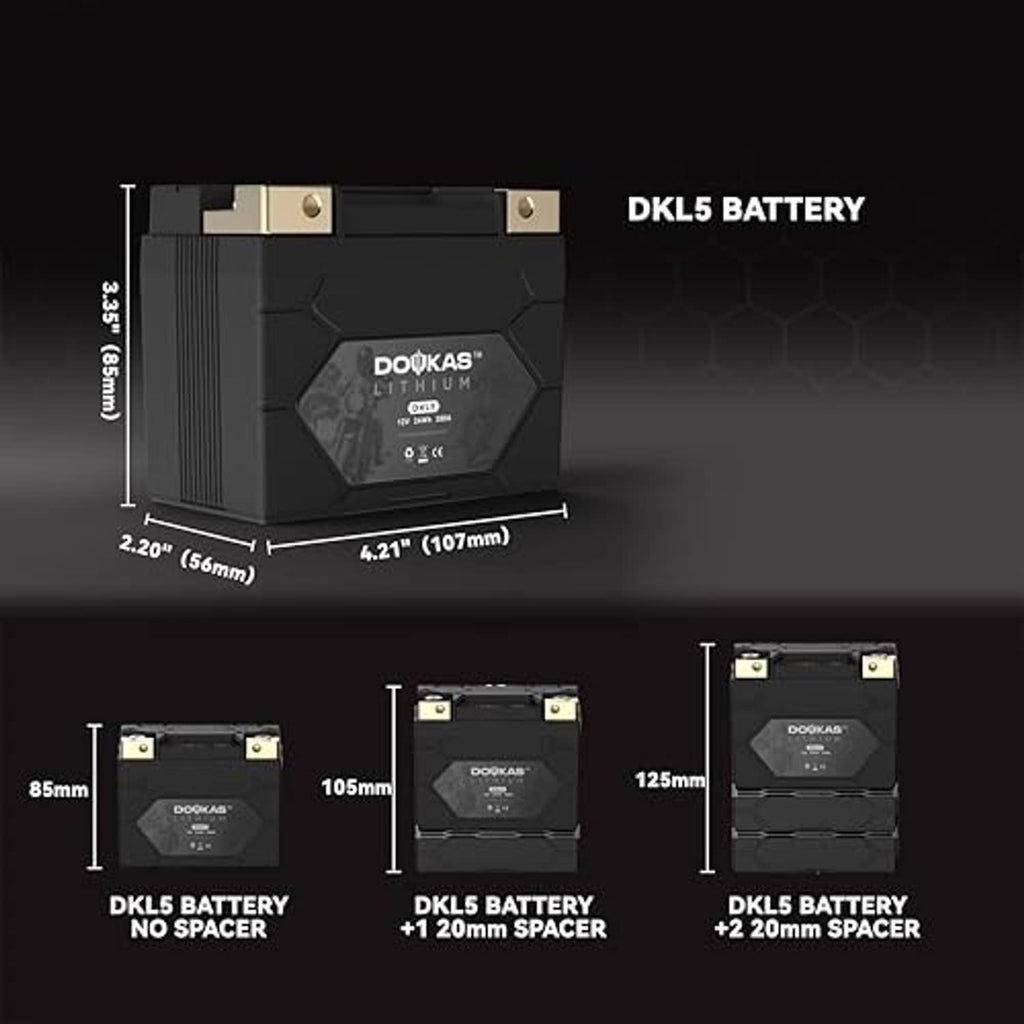 Compact black LiFePO4 motorcycle battery with gold top terminals; size measurements shown