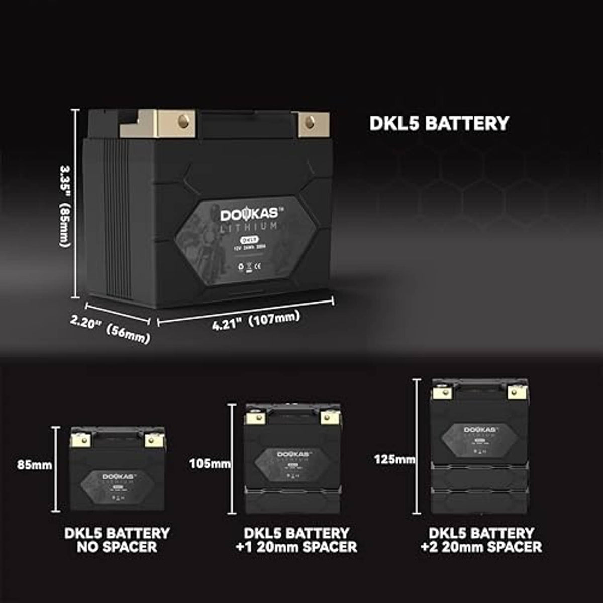Compact black LiFePO4 motorcycle battery with gold top terminals; size measurements shown