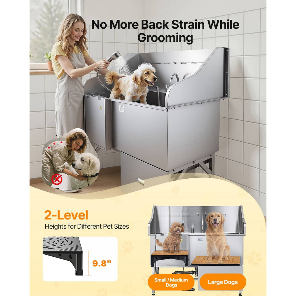 Stainless steel dog grooming tub with two-level ramp door and foldable secure ramp