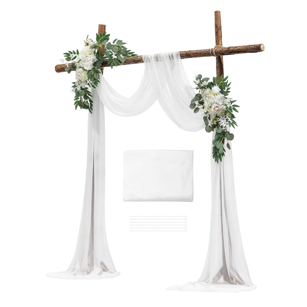 Wedding arch decor kit with white sheer drapes and faux greenery flower clusters