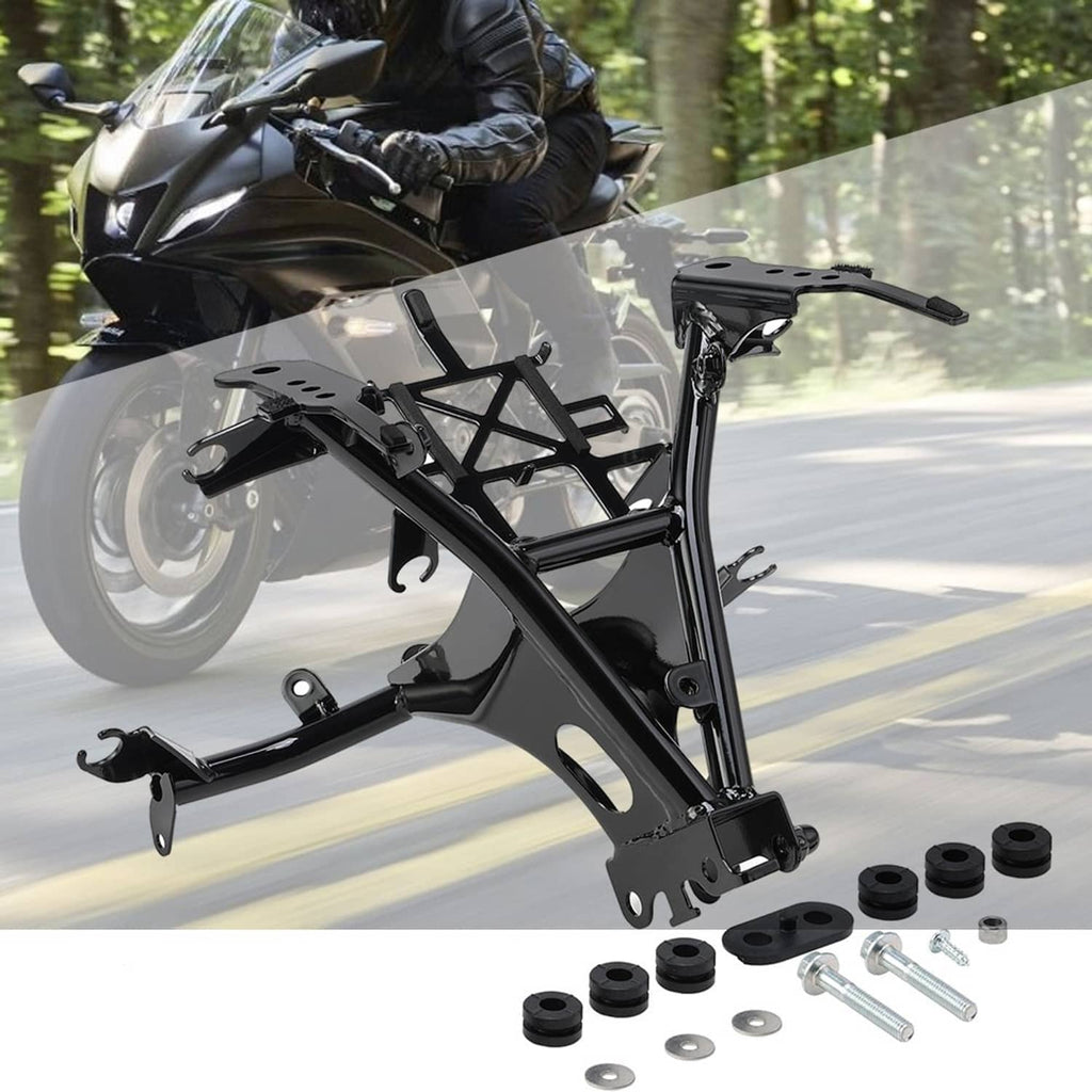 Black motorcycle front upper fairing stay bracket with mounting hardware and bolts