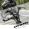 Black motorcycle front upper fairing stay bracket with mounting hardware and bolts
