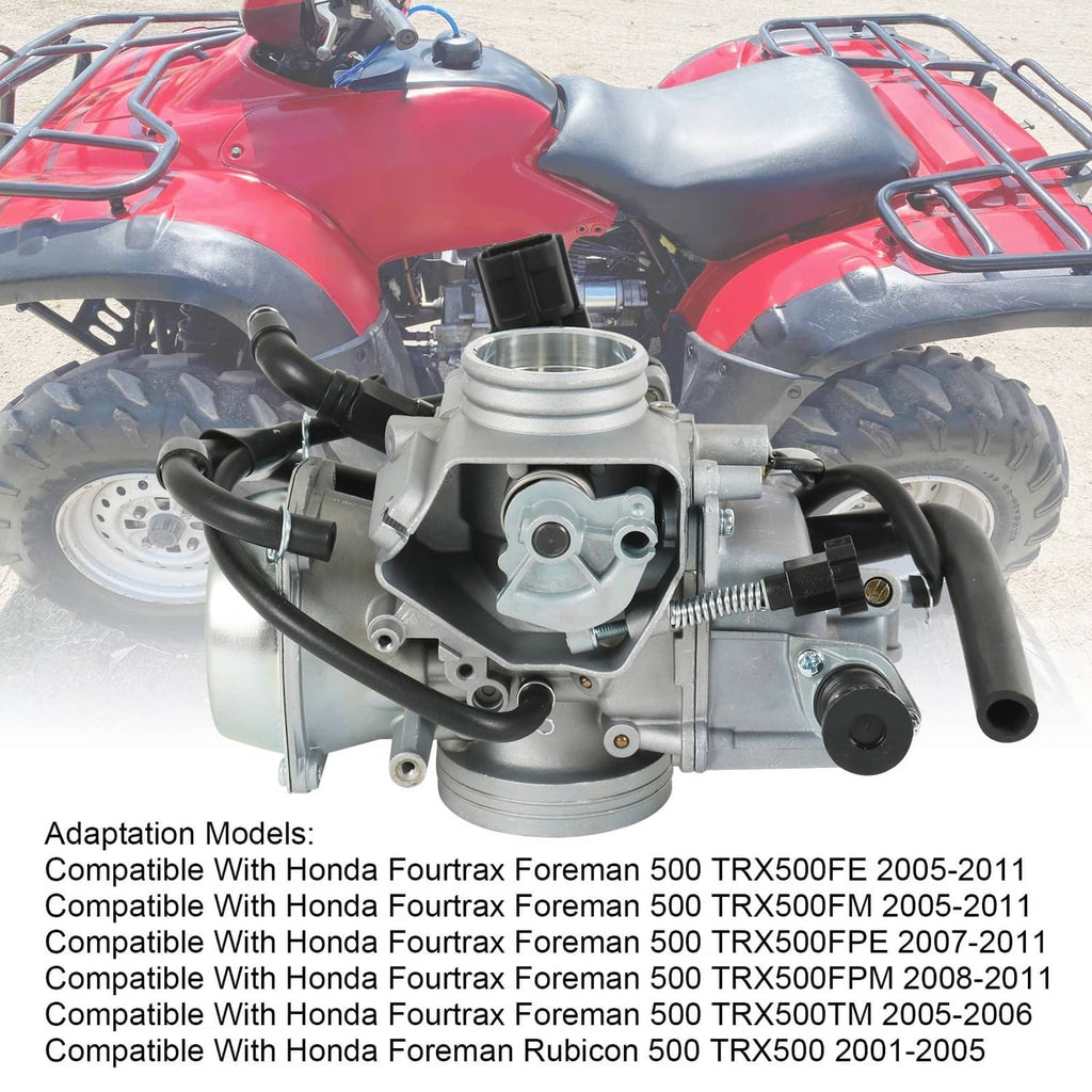 ATV carburetor mounted on engine with black intake hose and wiring