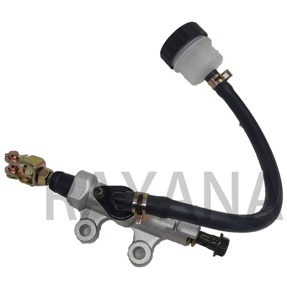Rear brake master cylinder with black hose, silver mount bracket, and white reservoir cap
