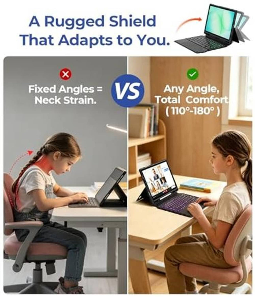 Black rugged folio keyboard case with tablet propped in a viewing position