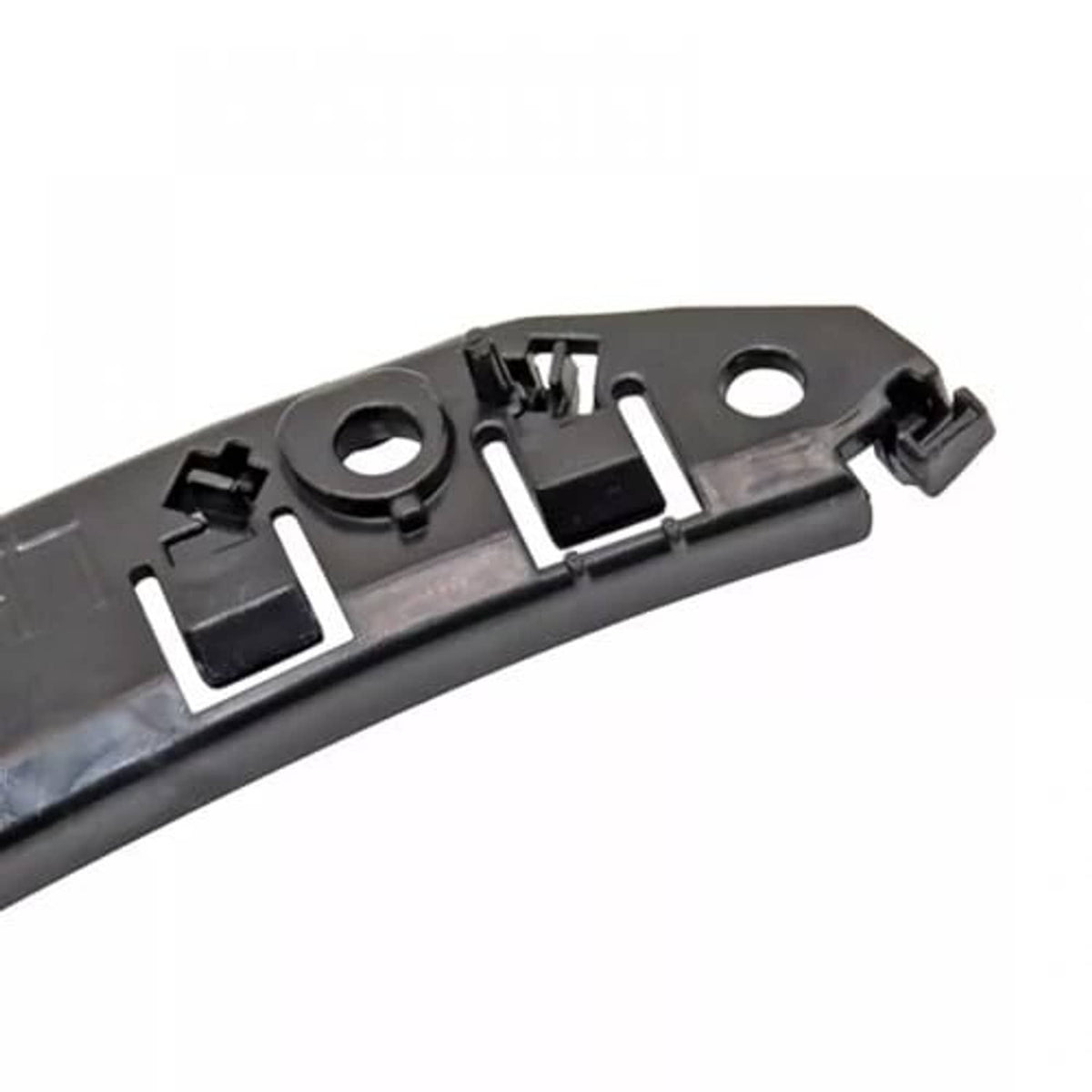 Front bumper bracket retainer bracket, black plastic close-up of mounting tabs and holes
