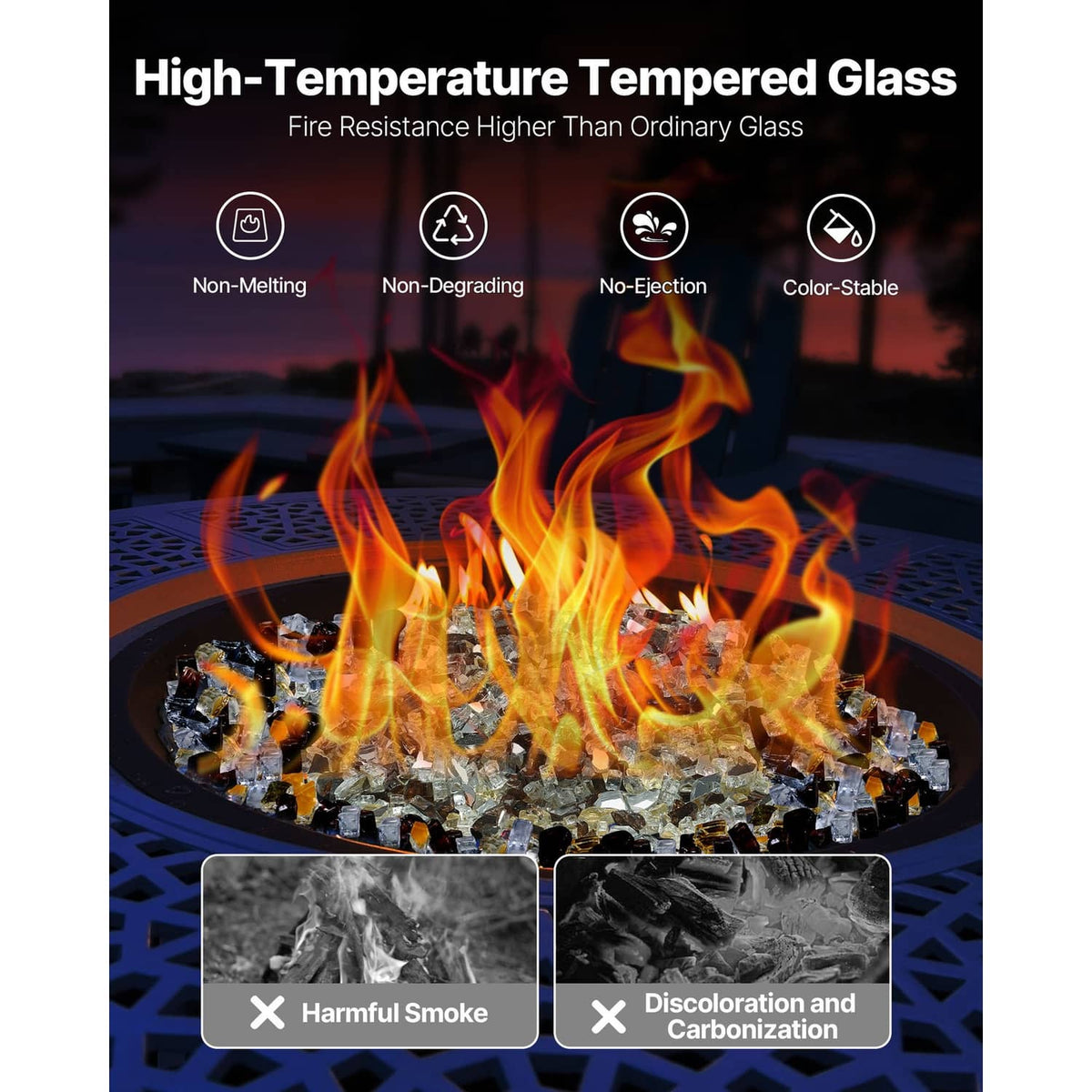 Round fire pit with high flames and mixed clear, copper, and gold glass rocks