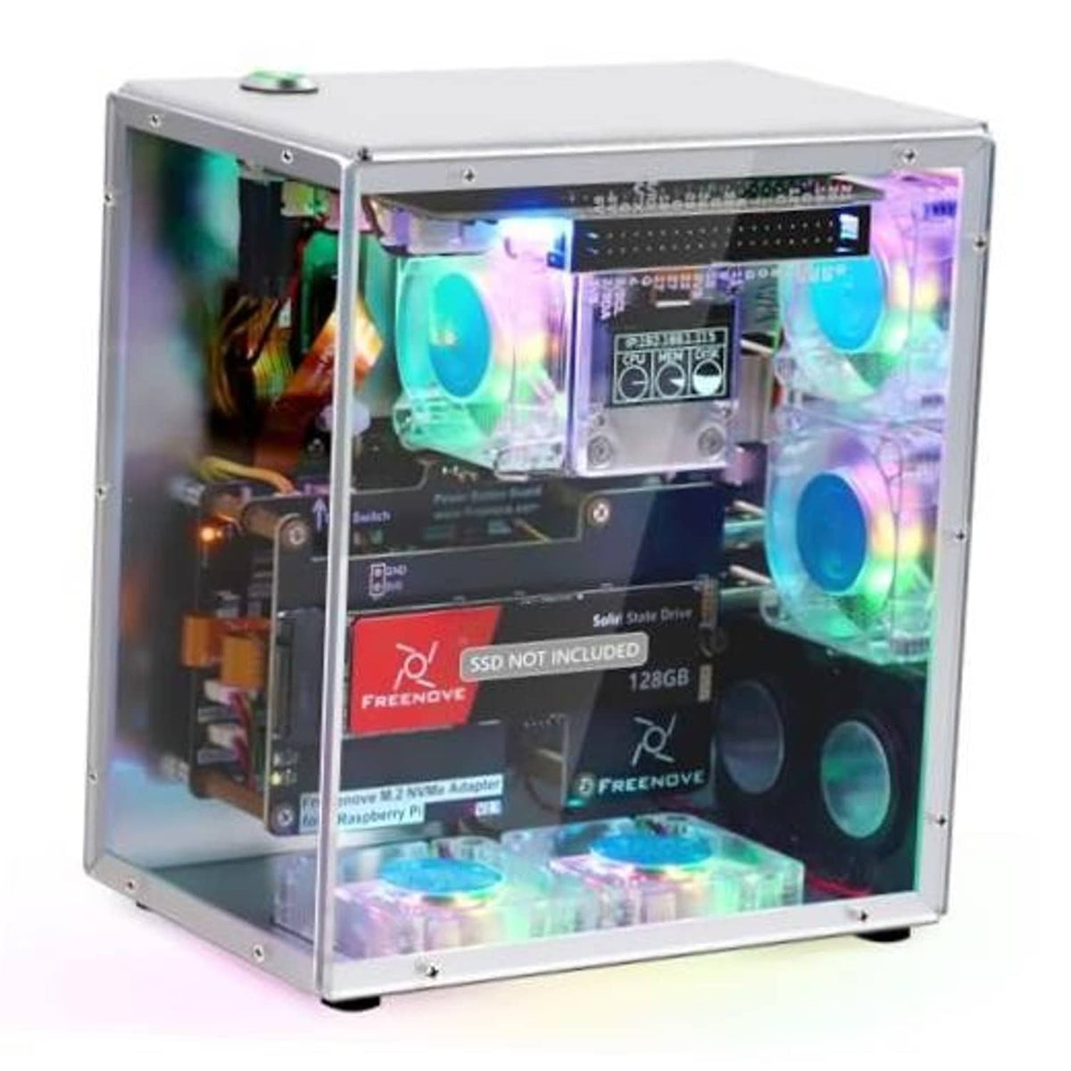 Clear acrylic Raspberry Pi PC case kit with RGB ARGB fans and visible motherboard inside