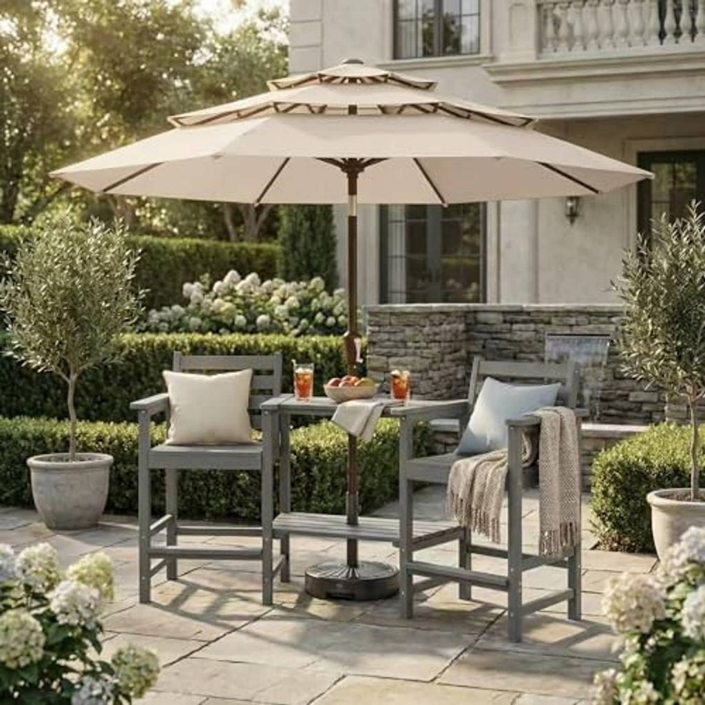 Beige 3-tier patio umbrella shading outdoor seating on a stone terrace