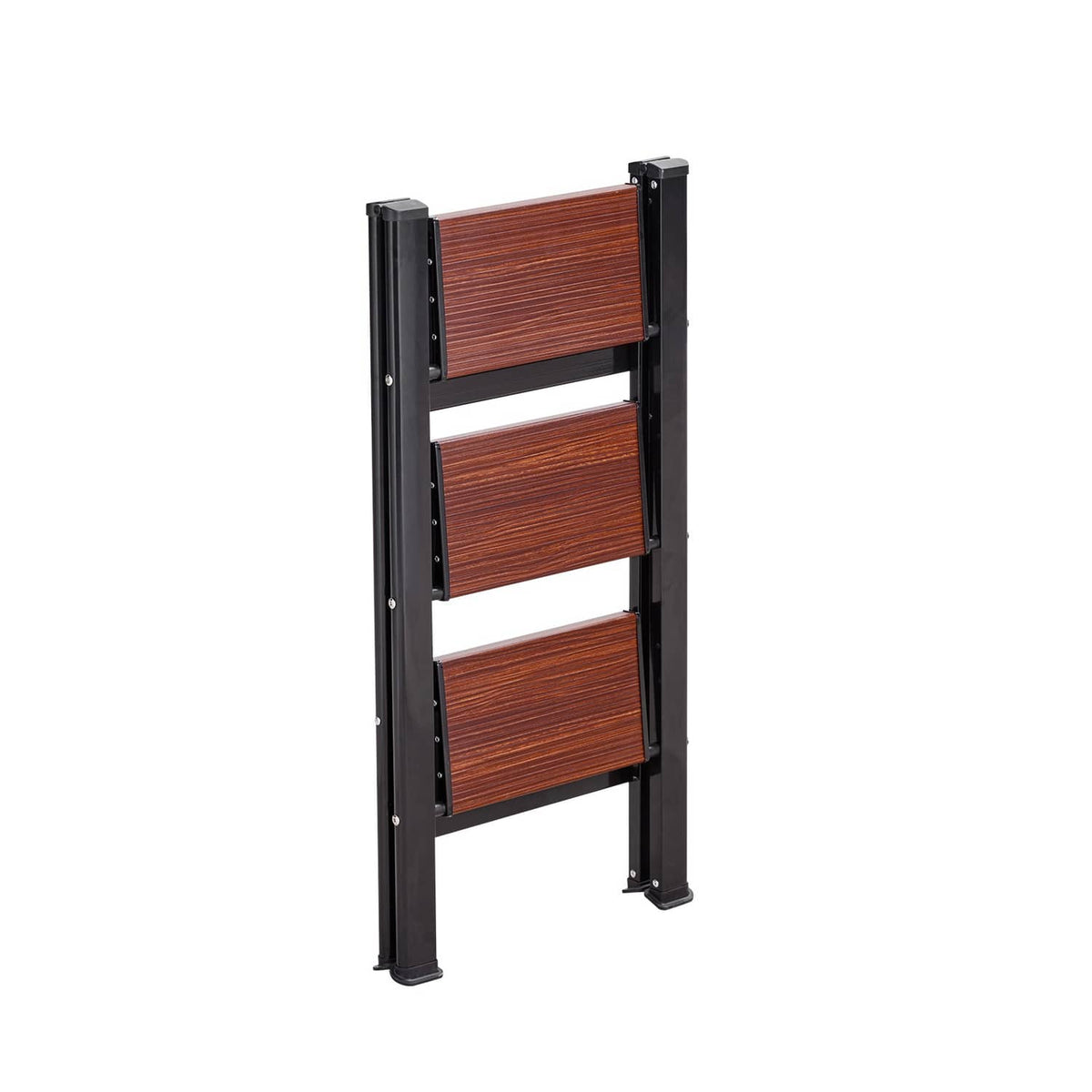 Front view of 3-step aluminum folding ladder with black frame and three wood-grain steps