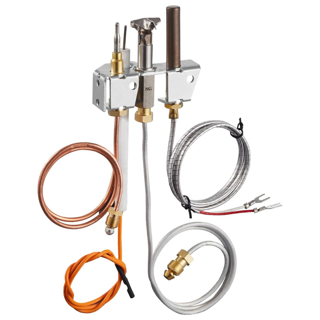Natural gas pilot assembly close-up with copper tube loop, braided wires, and metal bracket