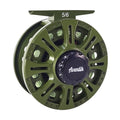 Olive green fly reel with center-drag spool and Aventik logo, size 5/6