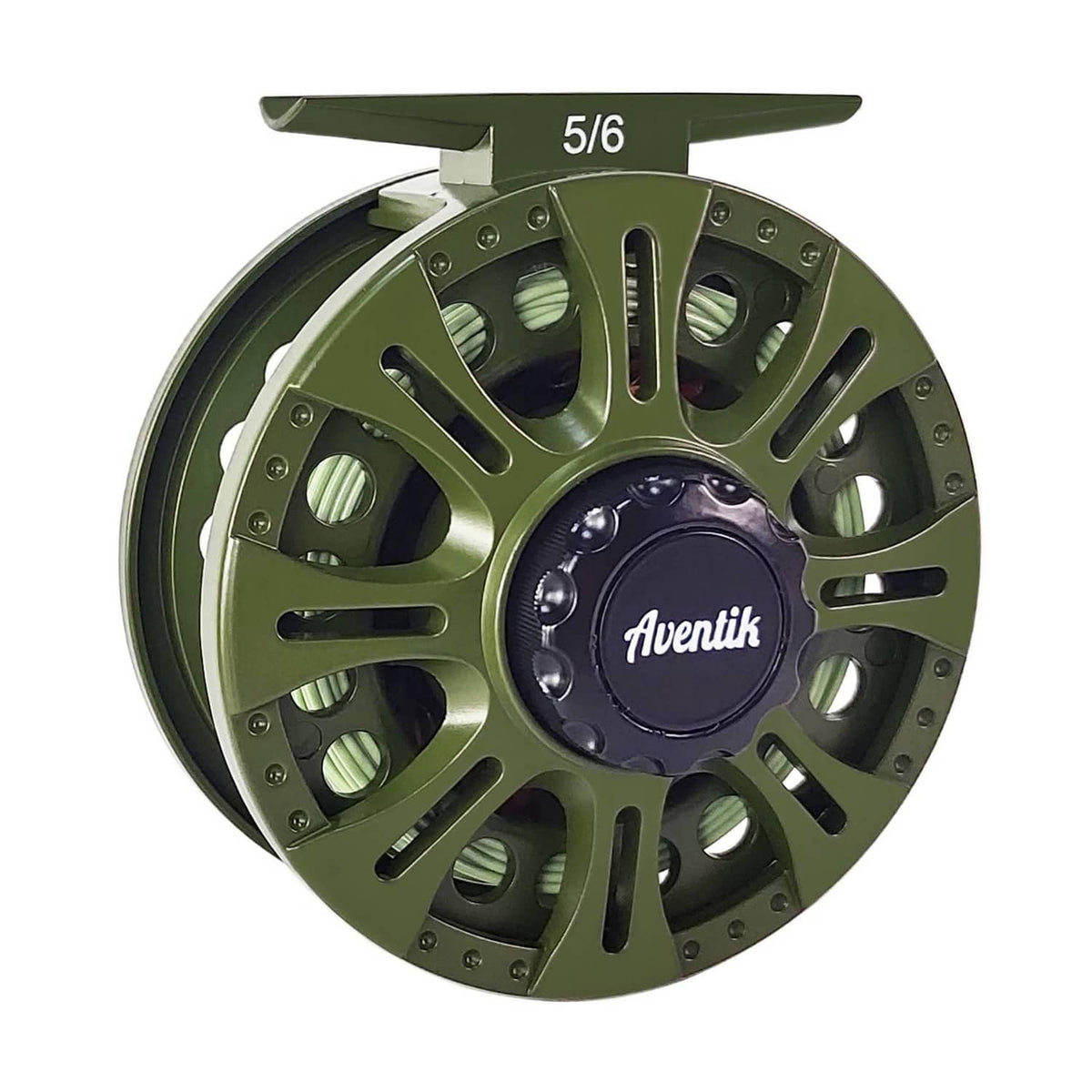 Olive green fly reel with center-drag spool and Aventik logo, size 5/6
