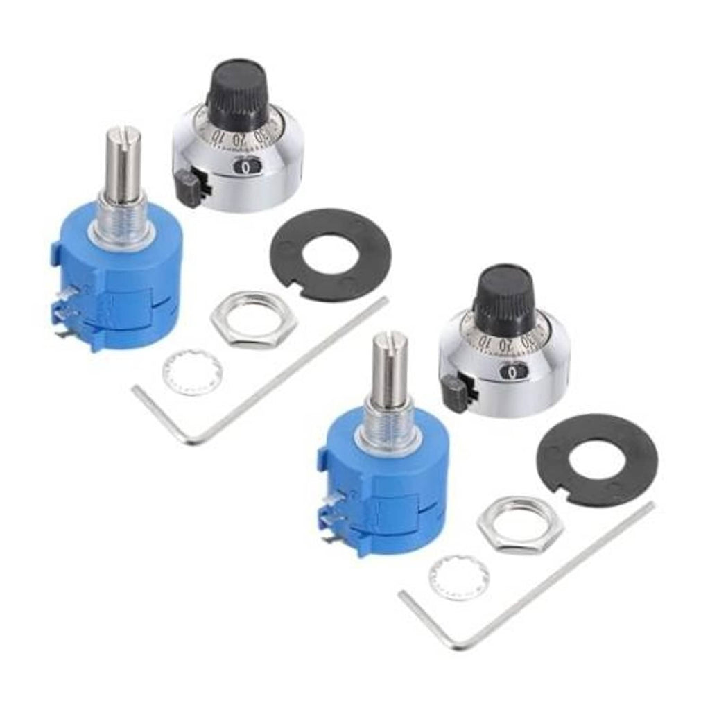 Precision multi-turn rotary potentiometer set with blue body, silver housing, black adjustment knob