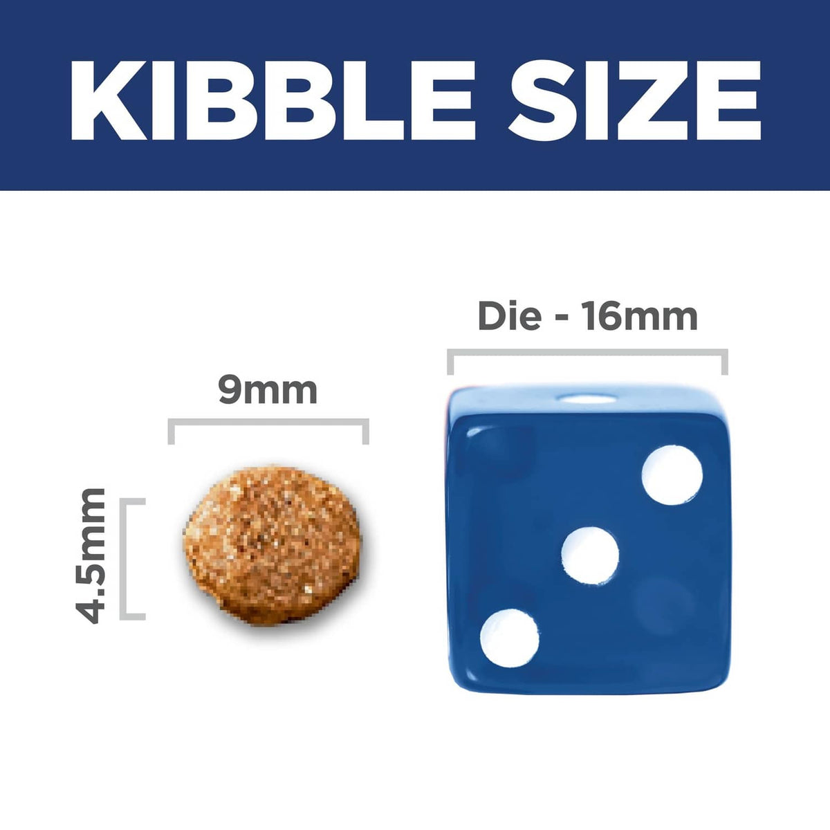 Dog food kibble size chart showing 4.5mm and 9mm measurements