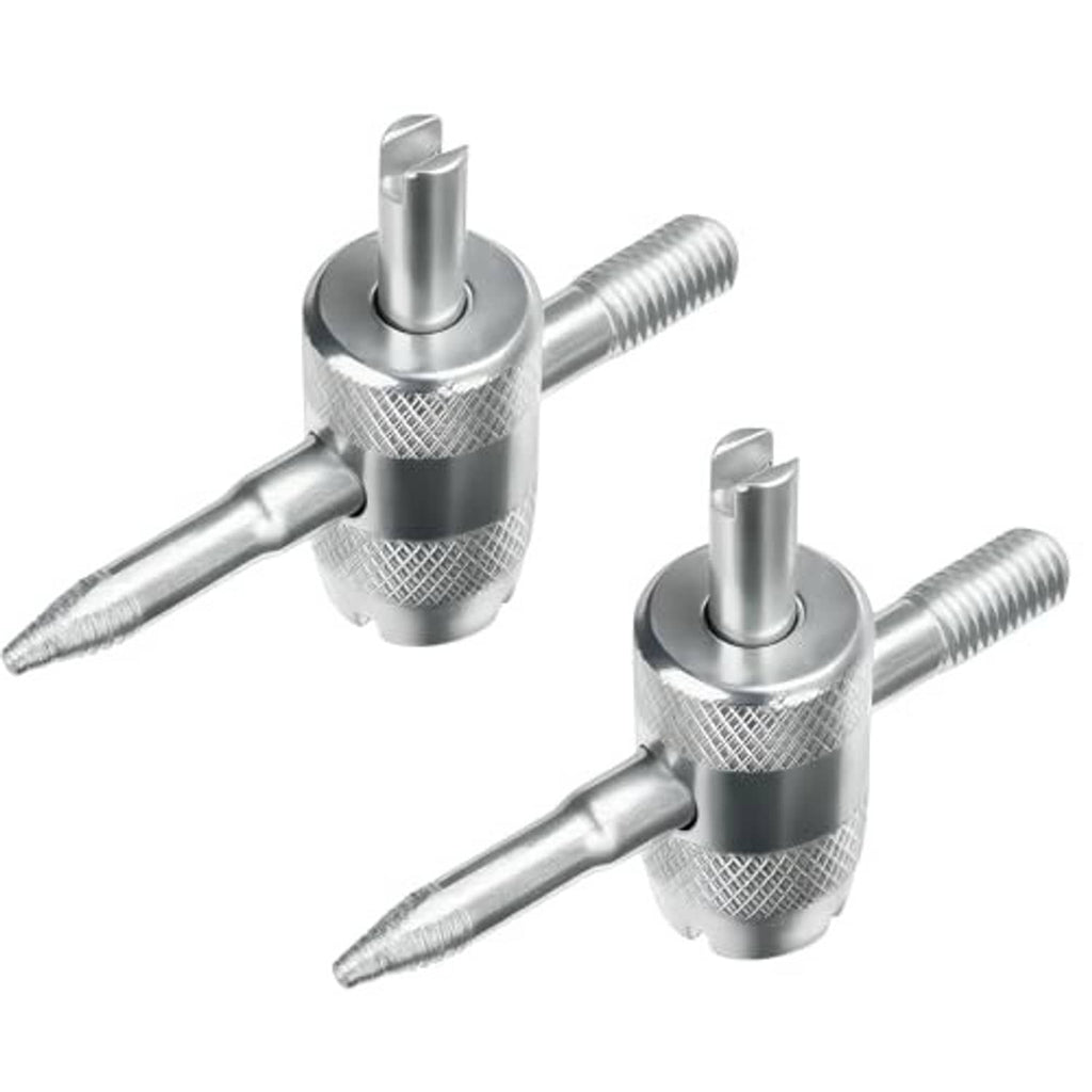 Pair of silver 4-in-1 valve core tools with threaded handles and pointed tips