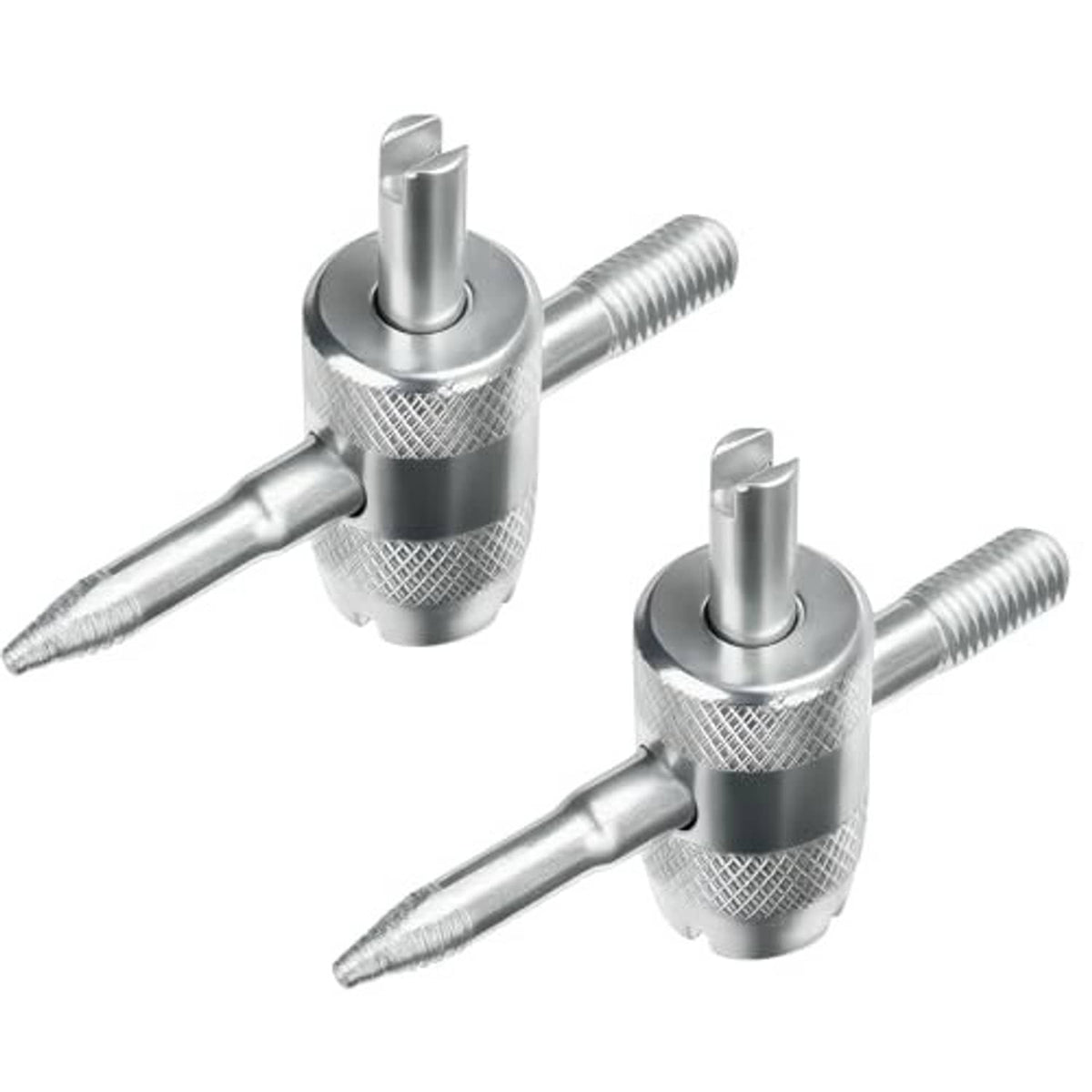 Pair of silver 4-in-1 valve core tools with threaded handles and pointed tips