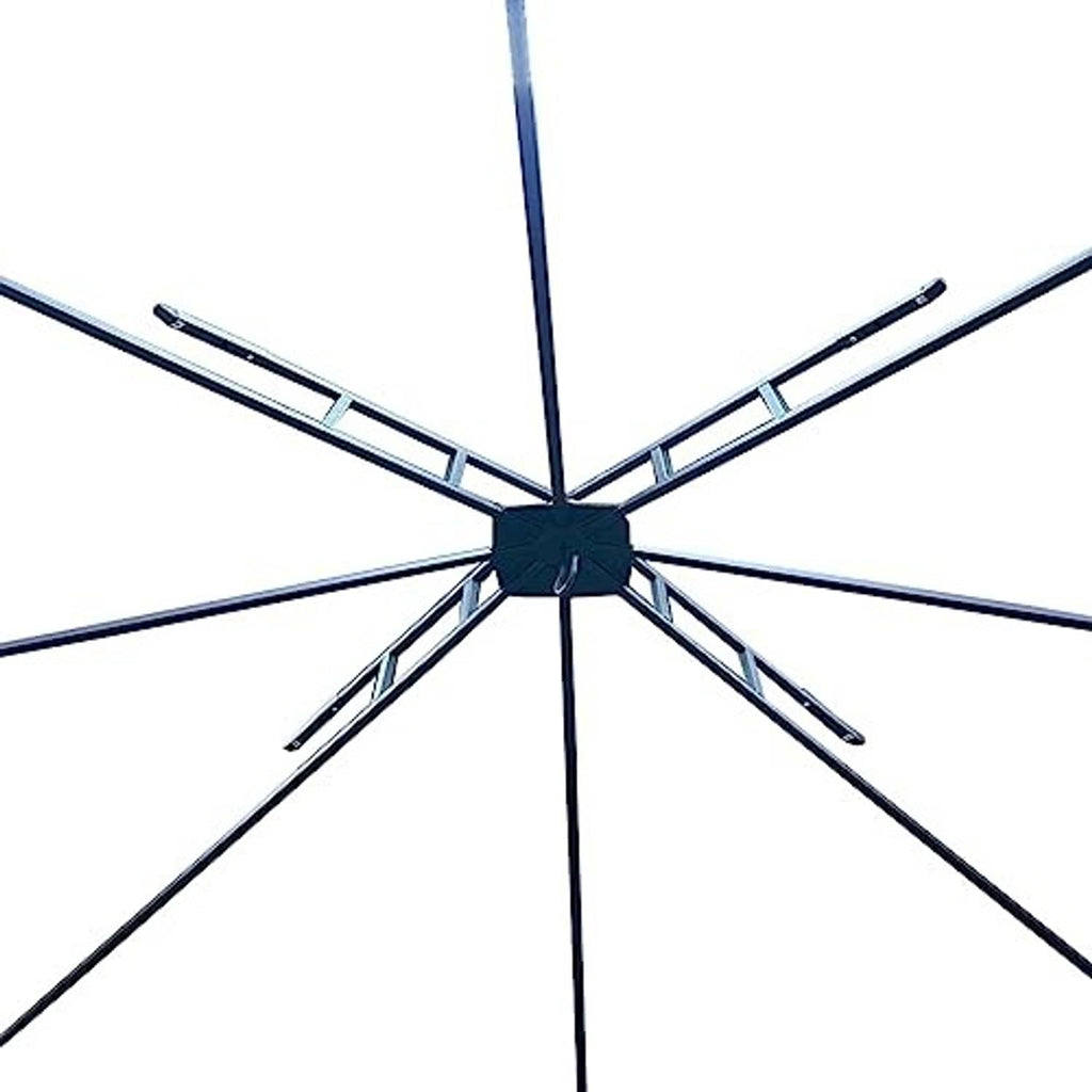 Black metal spider roof hub with cross support bars under a gazebo canopy top