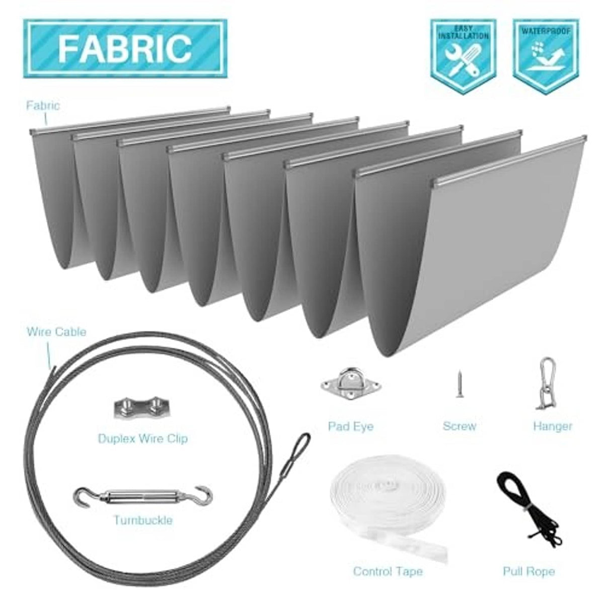 Gray pergola shade fabric with cable clips, eyelets, screws, hangers, and pull rope