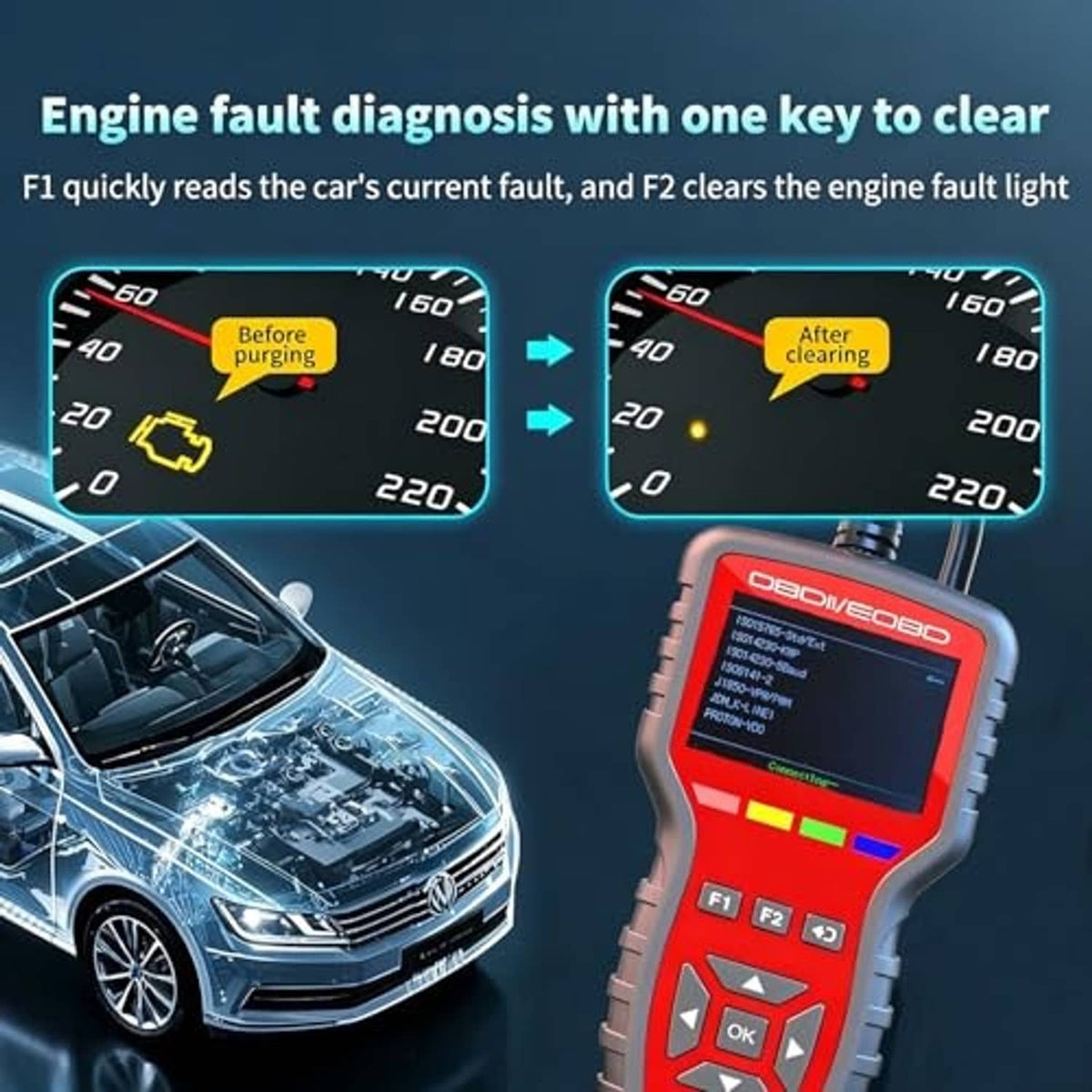 Red handheld OBD2 scanner with side buttons and screen showing diagnostic information