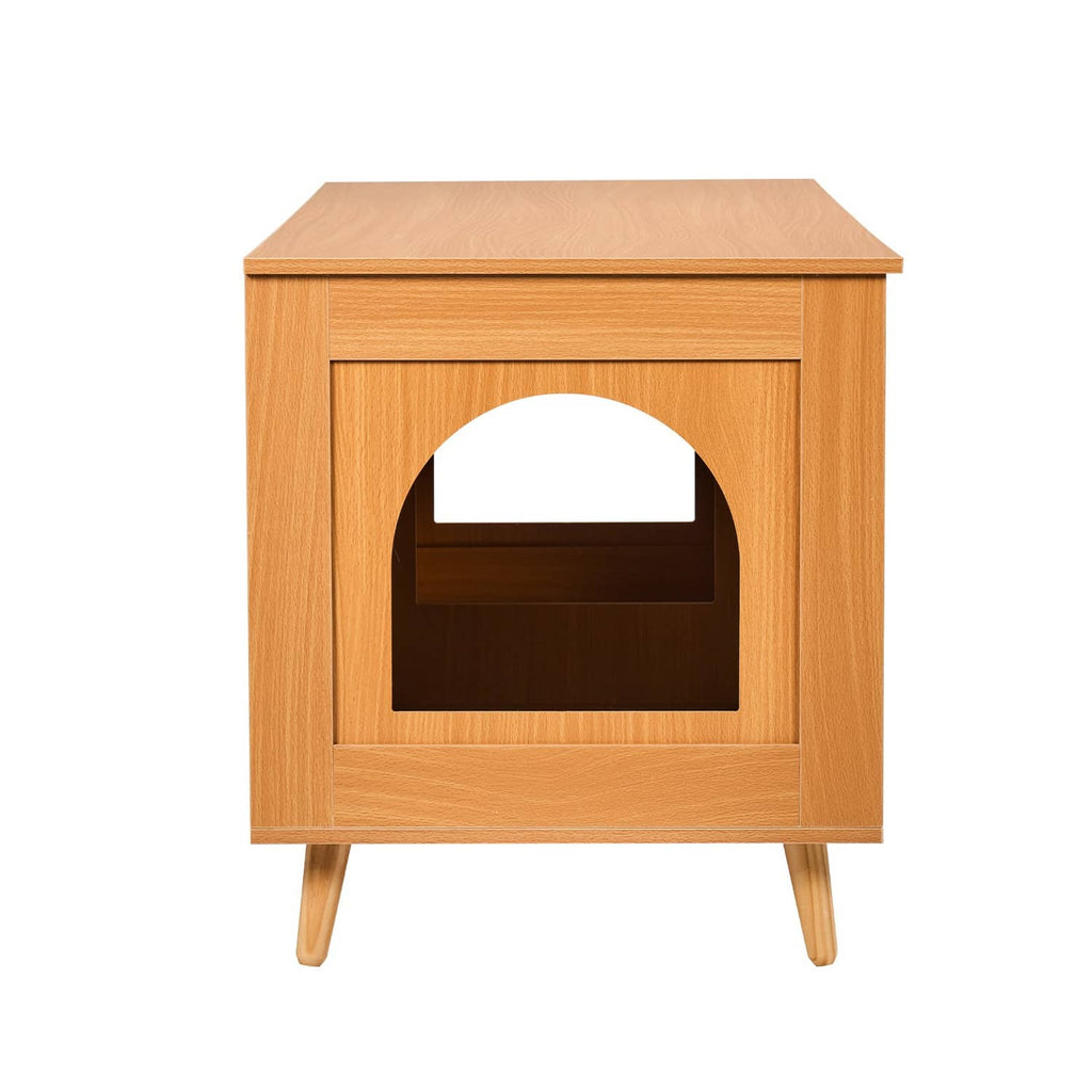 Wooden cat litter box enclosure with front arched opening and mesh panel door
