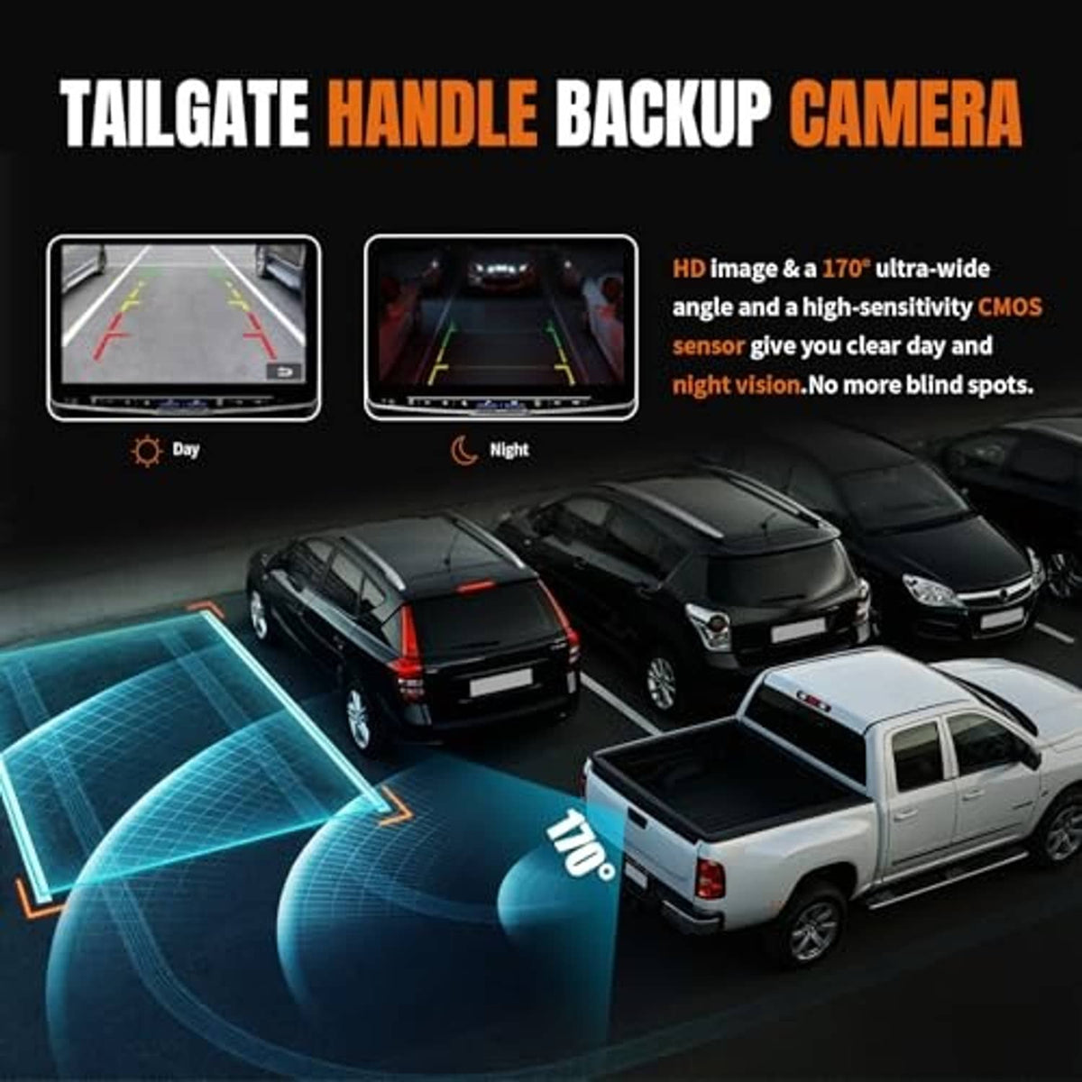 Tailgate backup camera with black bezel, lens, and extension cable connection.