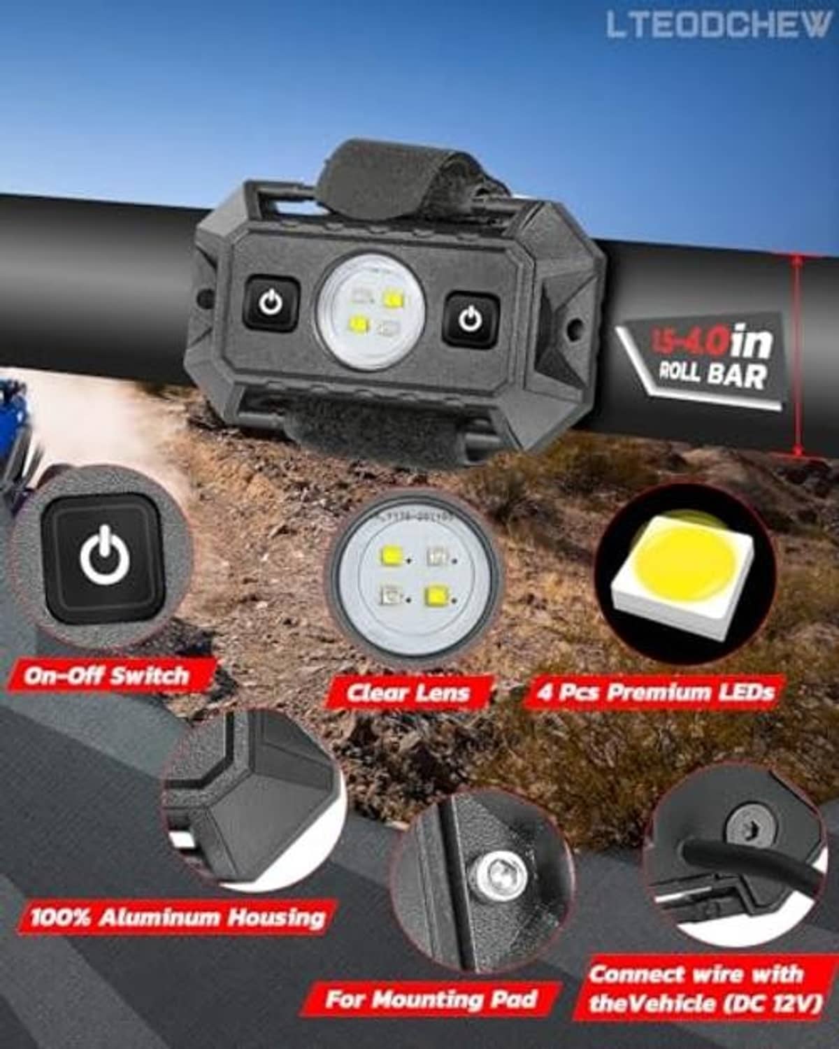 UTV dome light with clear lens and 4 premium LEDs plus on-off switch