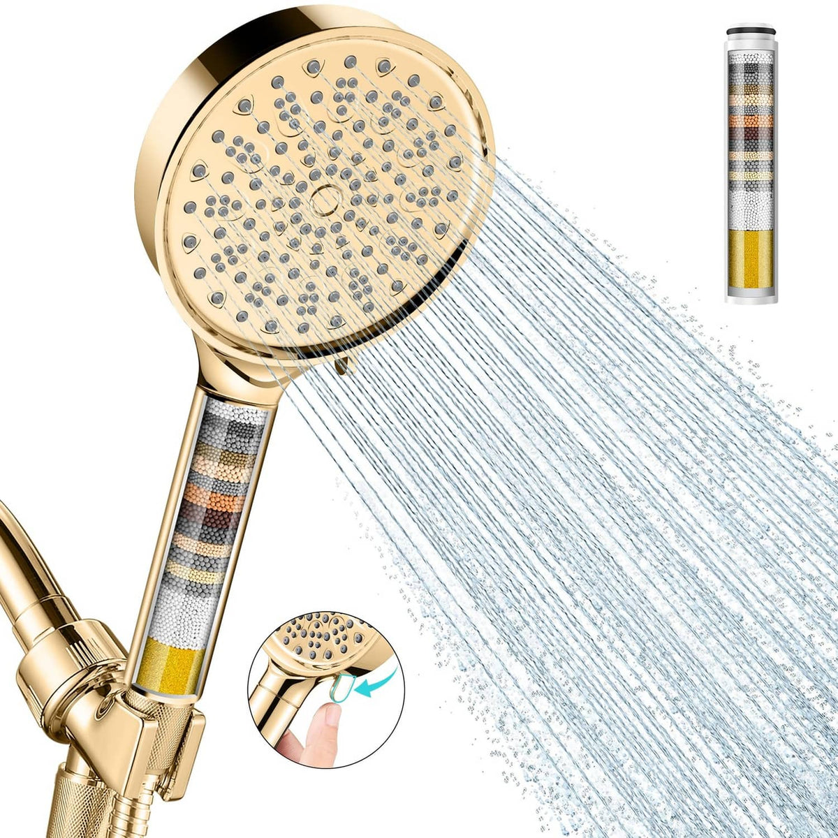 Gold handheld filtered shower head with round spray face and steady water stream