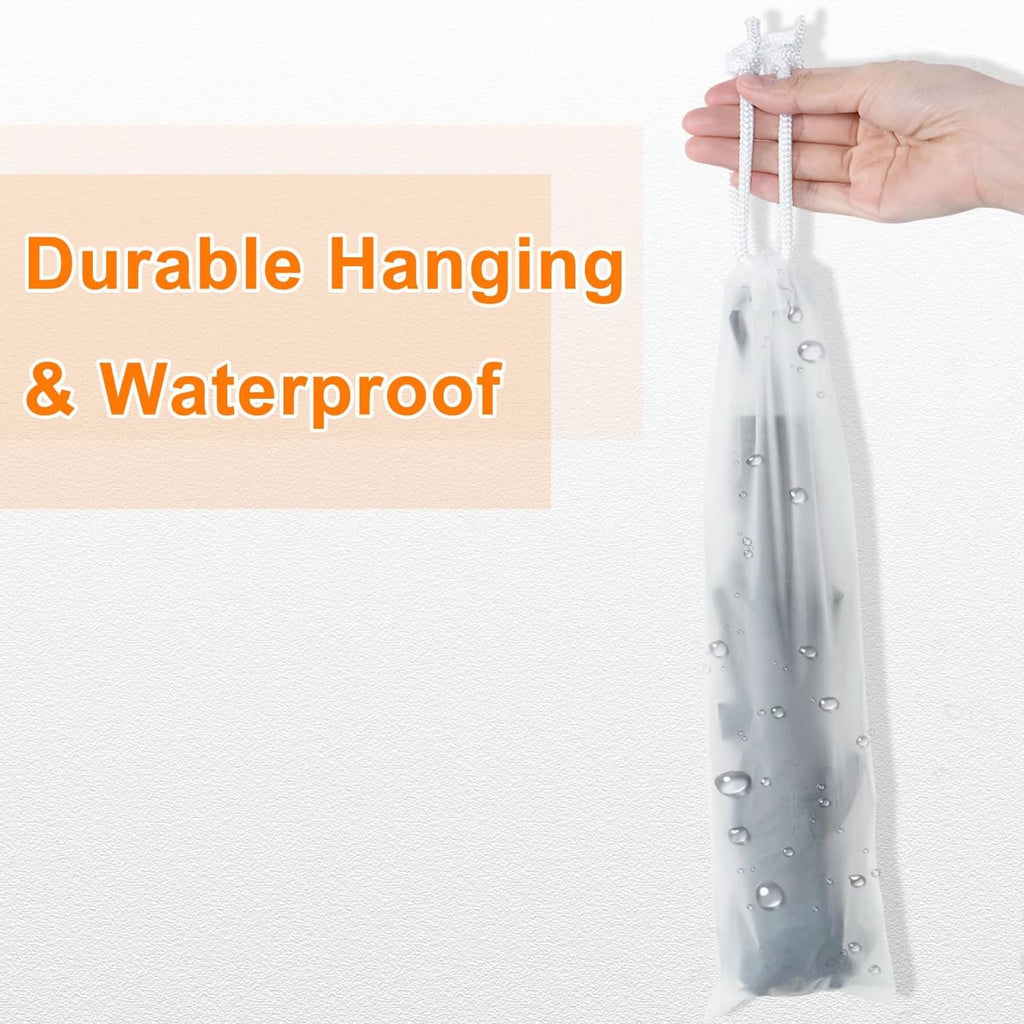 Transparent waterproof umbrella sleeve bag with drawstring, held in hand