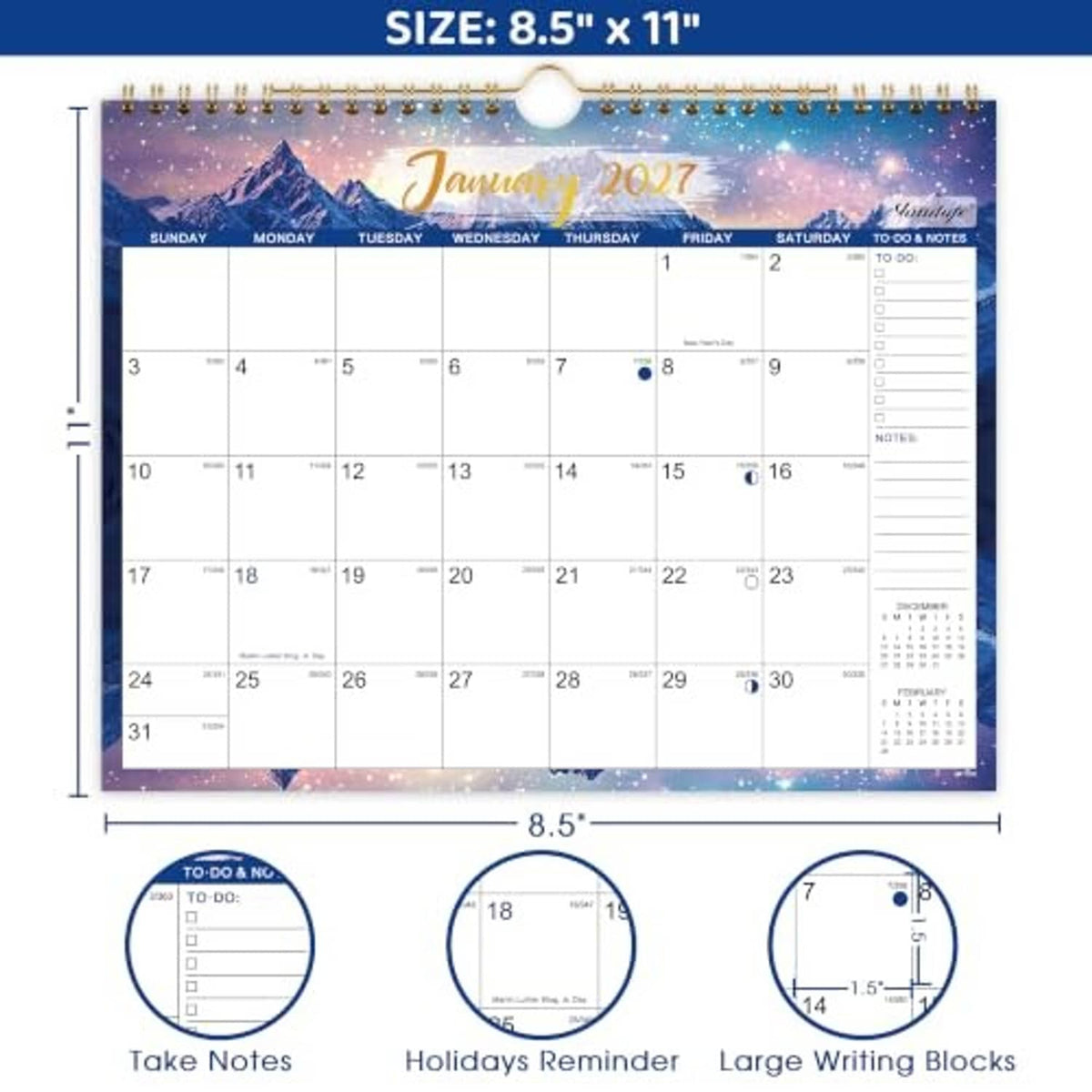 8.5 x 11 in 2027 wall calendar with spiral binding, hanging loop, and writing blocks