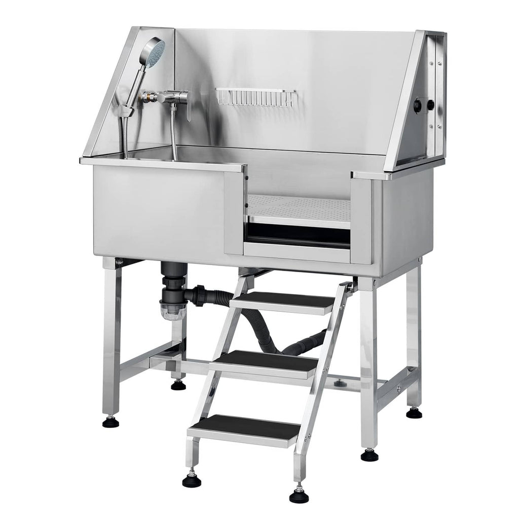 Stainless steel pet bath tub with steps, open grooming platform, and rear spray controls