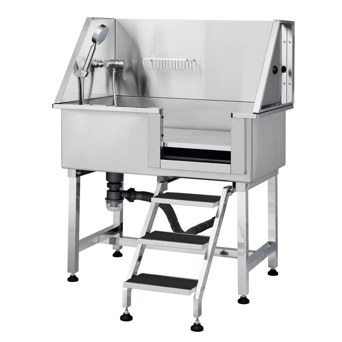 Stainless steel pet bath tub with steps, open grooming platform, and rear spray controls