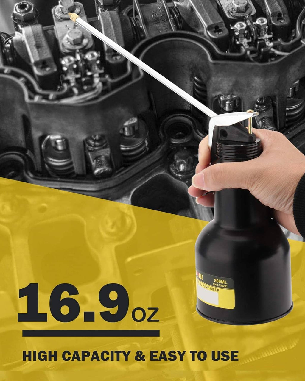 Oil can dispensing into an engine area with user hand, black metal pump can