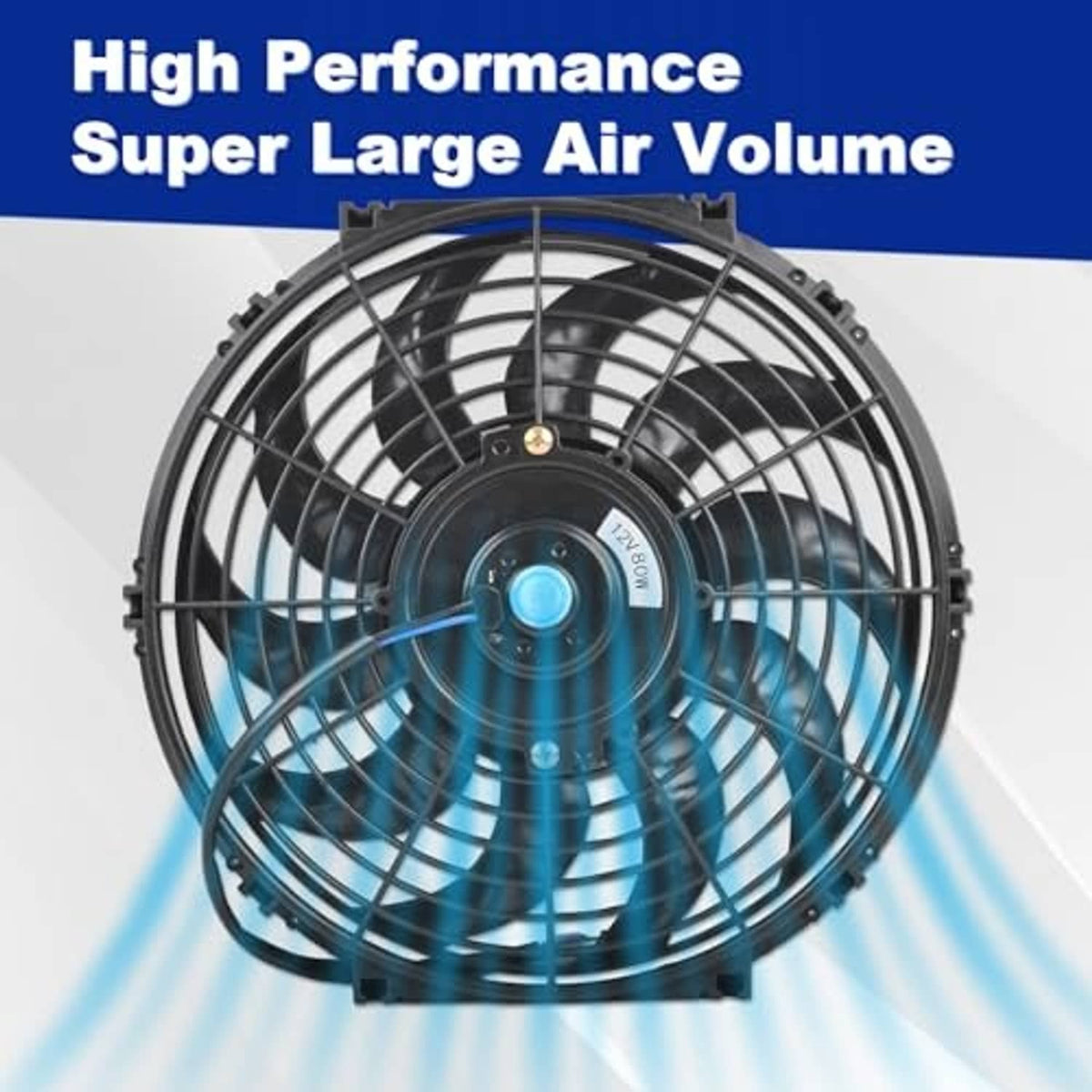 Black 12-inch electric radiator cooling fan with blue motor hub and grille housing