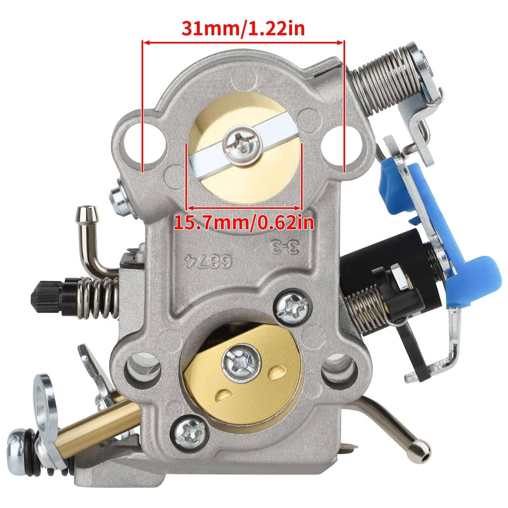 Grey carburetor face with gold diaphragm cover and blue choke lever, close-up