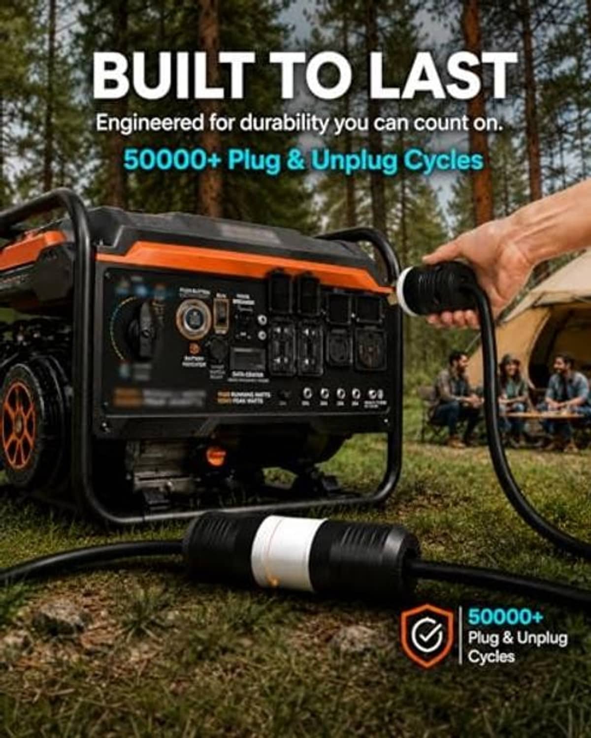 Twist-lock plug connected to generator cord with white and black connector body