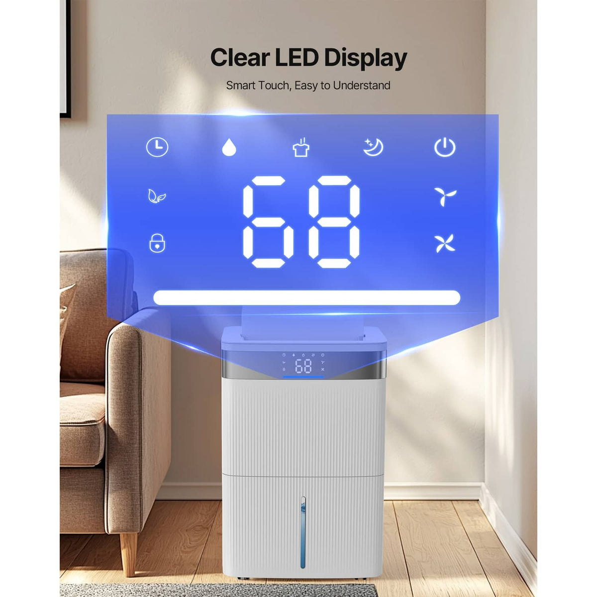 White dehumidifier with clear blue LED humidity screen on front panel