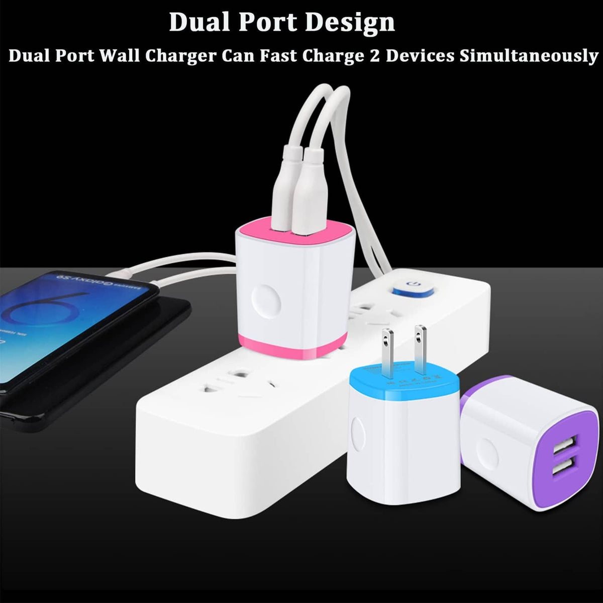 Dual-port USB wall charger with pink accent and two-prong plug