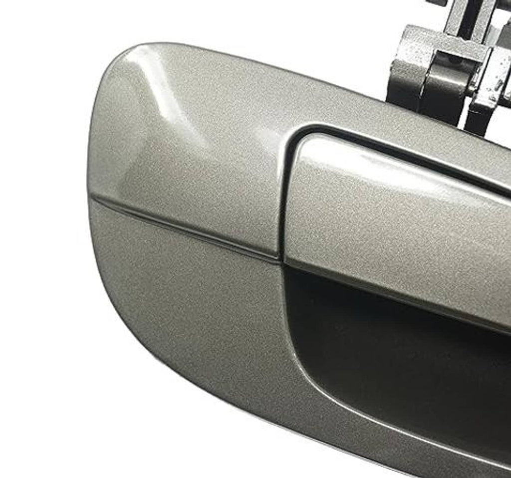Pewter metallic exterior door handle with curved bezel and black inner channel.