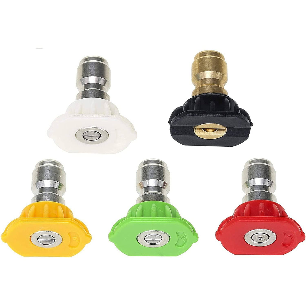 Set of colored foam cannon quick-connect tips: yellow, green, red, and white with caps