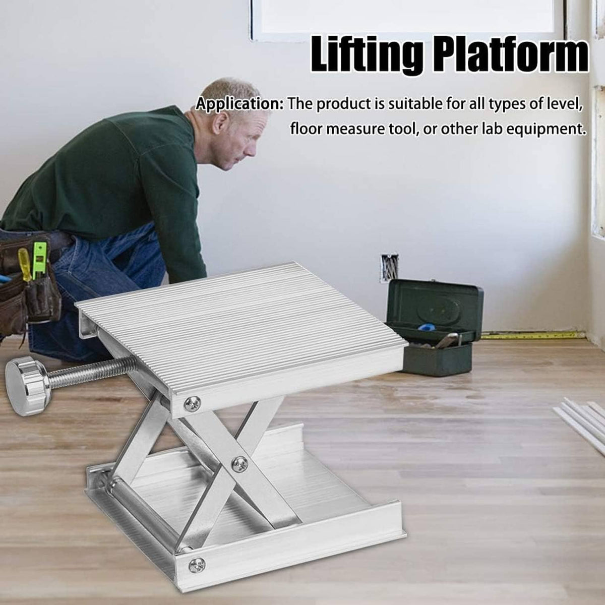Laboratory lifting platform jack with threaded lift screw and scissor supports, silver
