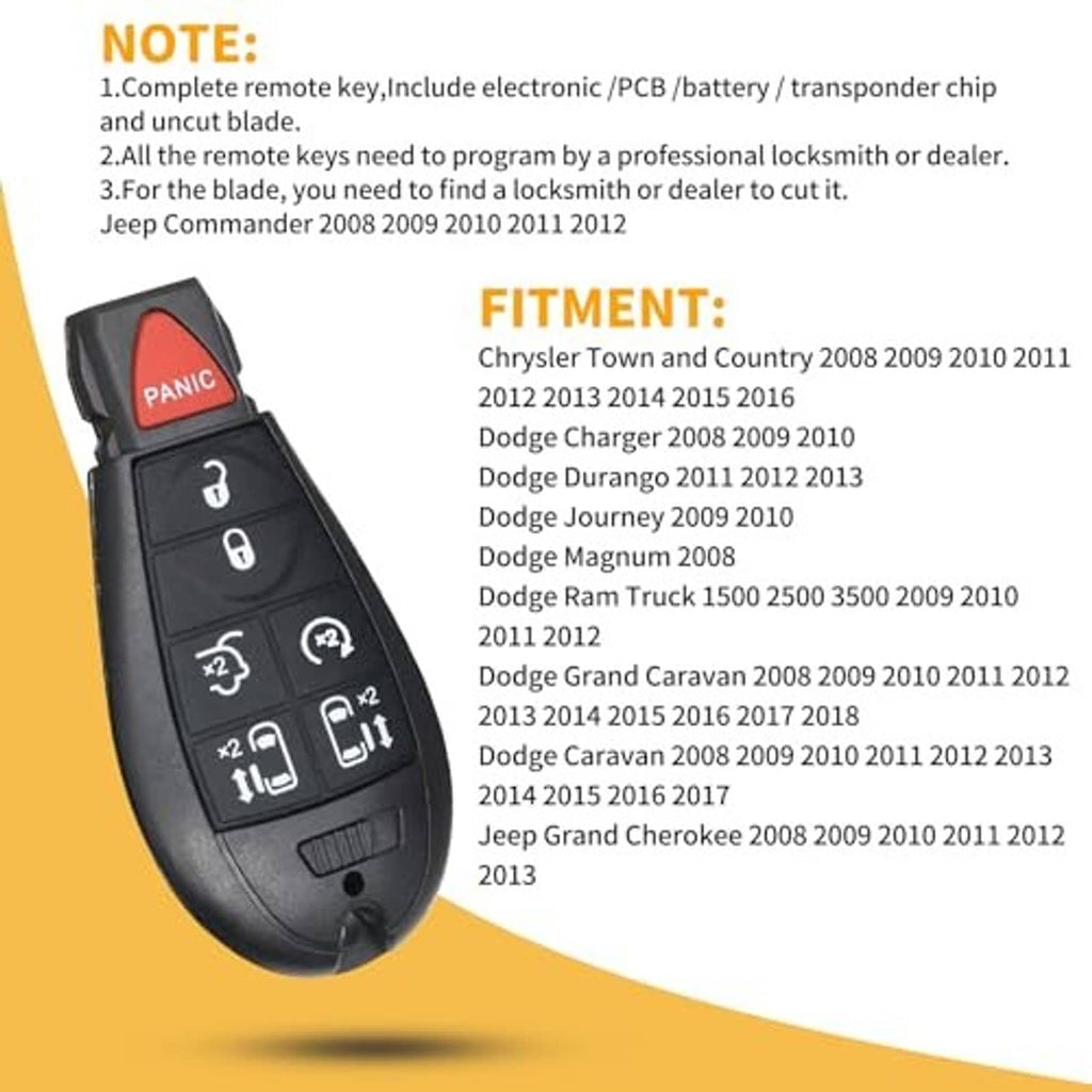 Black remote key fob with red PANIC button and seven labeled function buttons