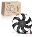 Black radiator cooling fan with curved blades and central motor hub, with wiring