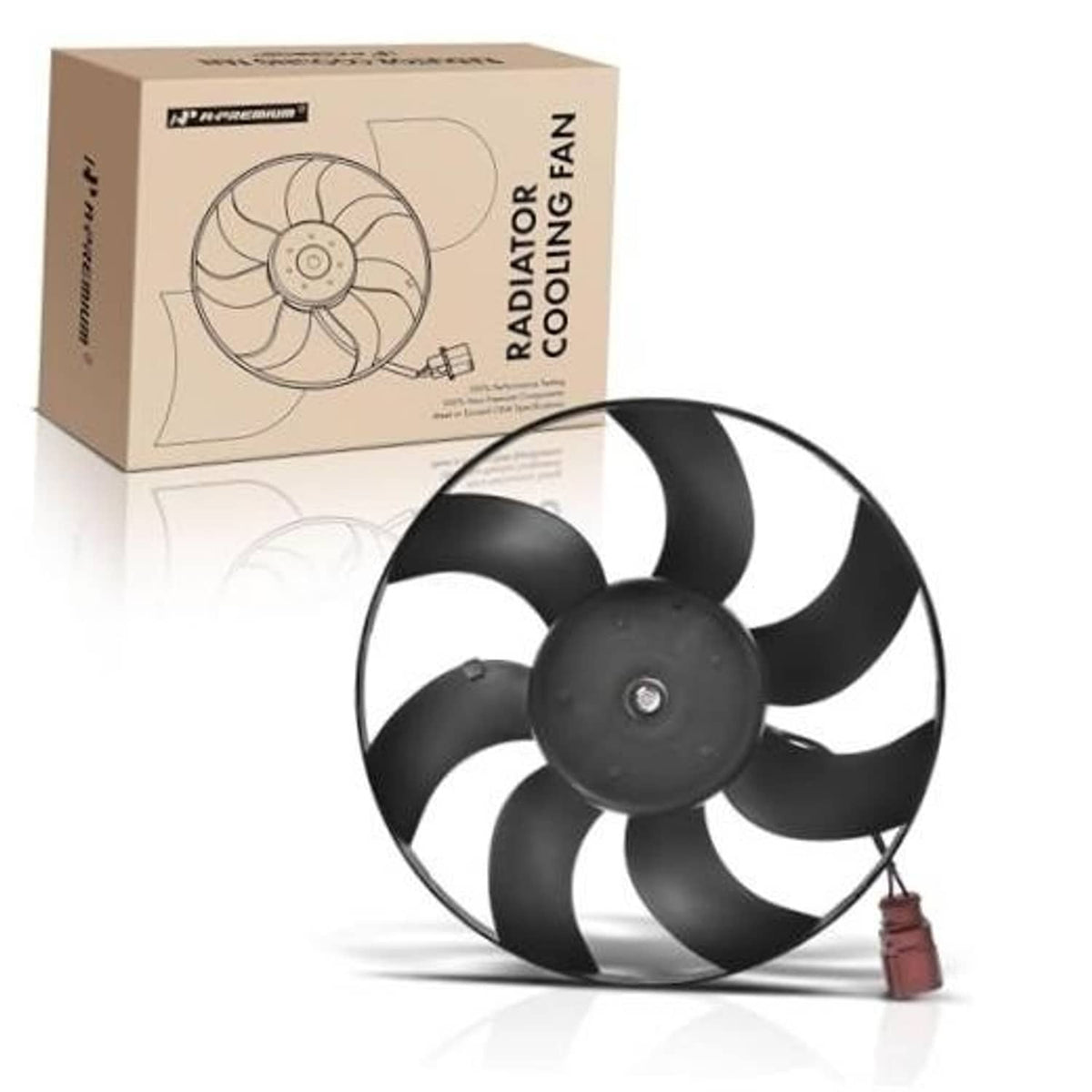 Black radiator cooling fan with curved blades and central motor hub, with wiring