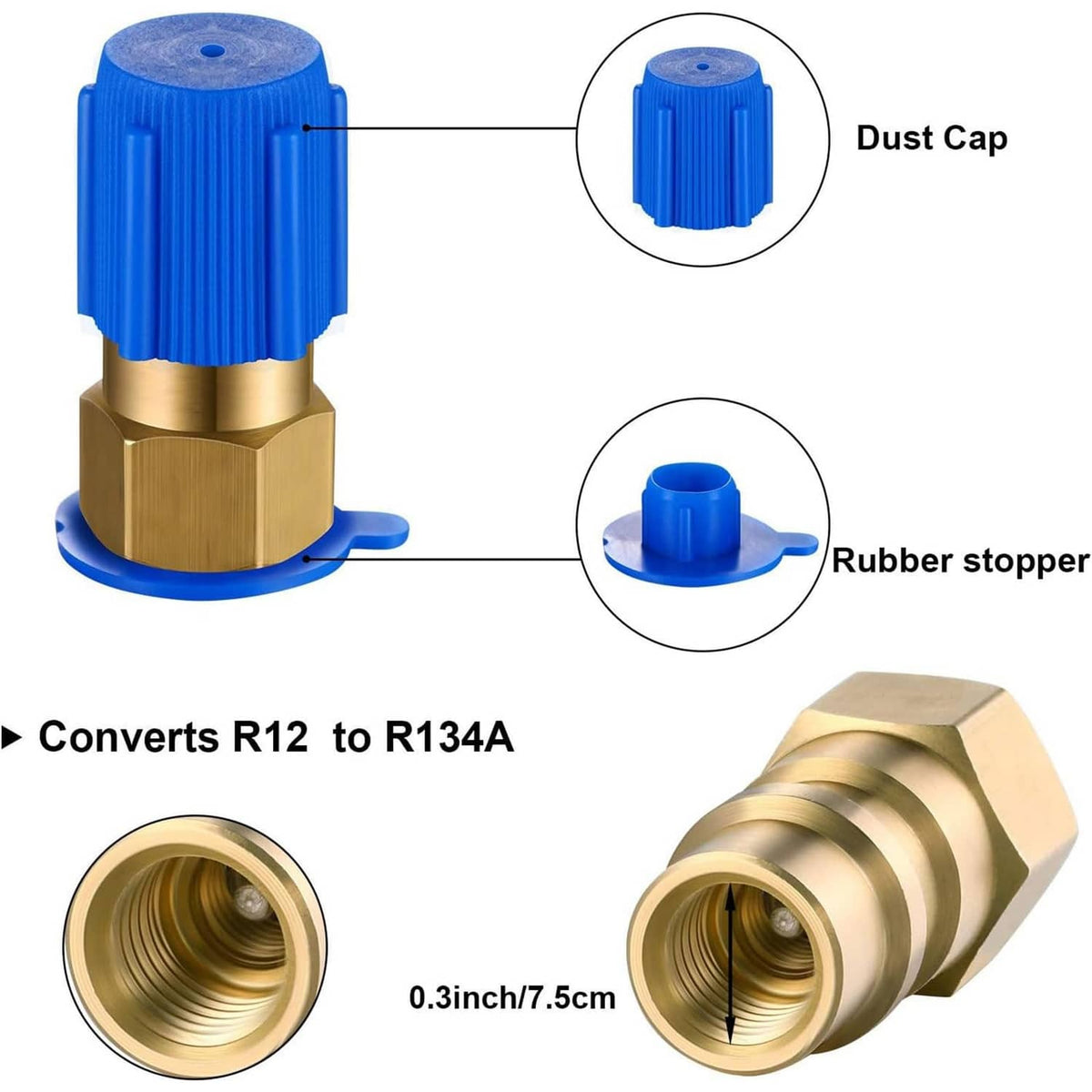R134a conversion valve adapter with blue dust cap and rubber stopper