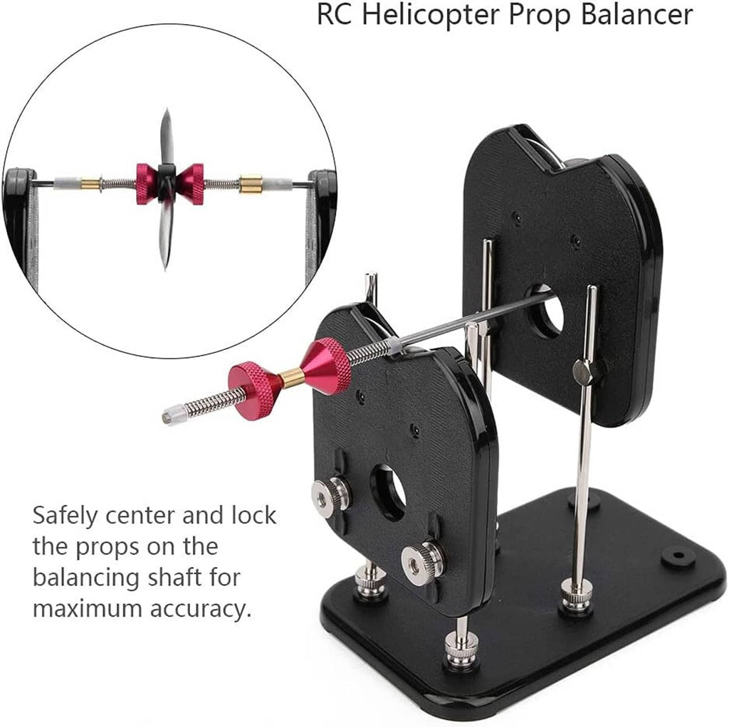 RC prop balancer stand with black holders, pink center hub, and balancing shaft